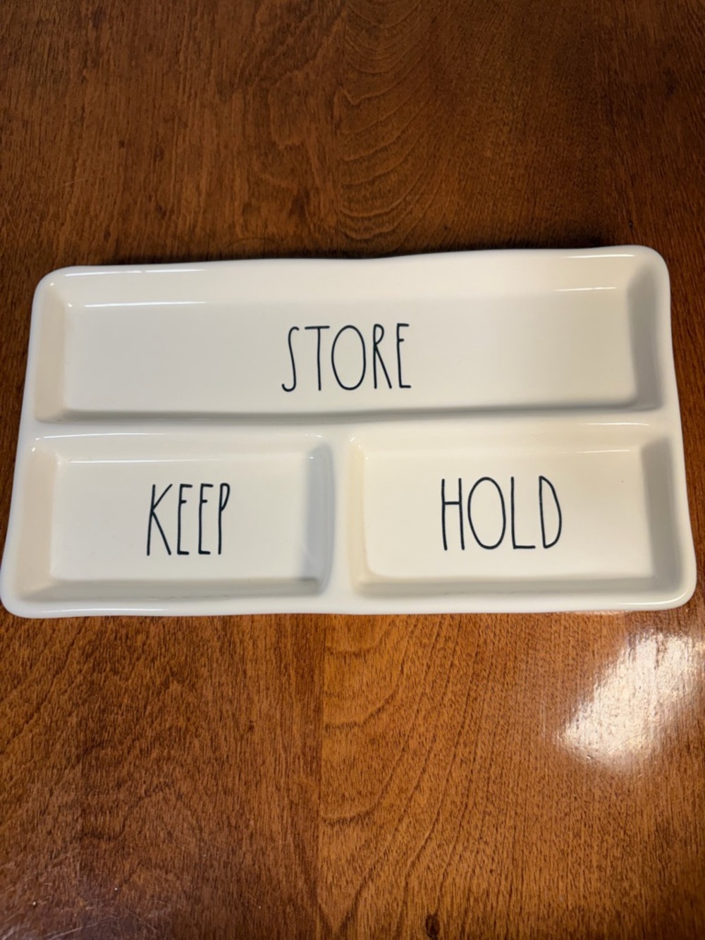 Rae Dunn White Ceramic "STORE KEEP HOLD" Divided Tray